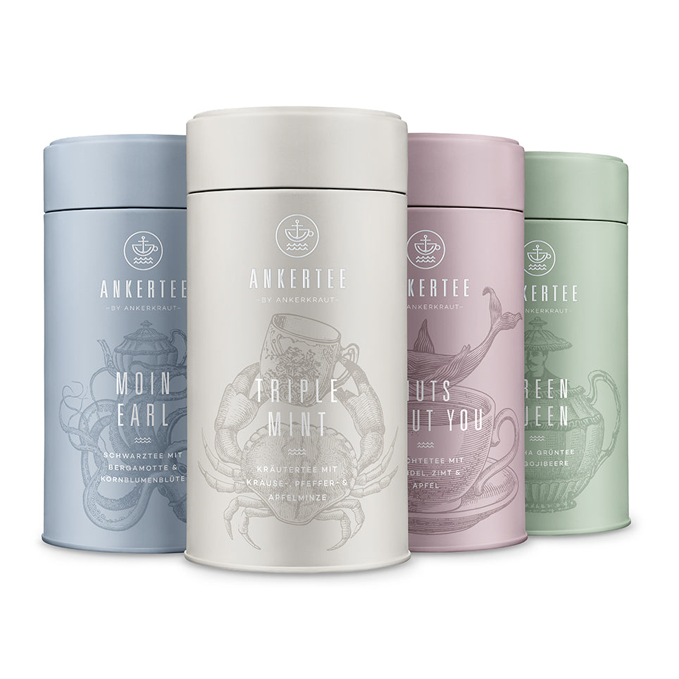 4 Ankertee-Dosen mit der Aufschrift MOIN EARL, TRIPLE MINT, NUTS ABOUT YOU, GREEN QUEEN