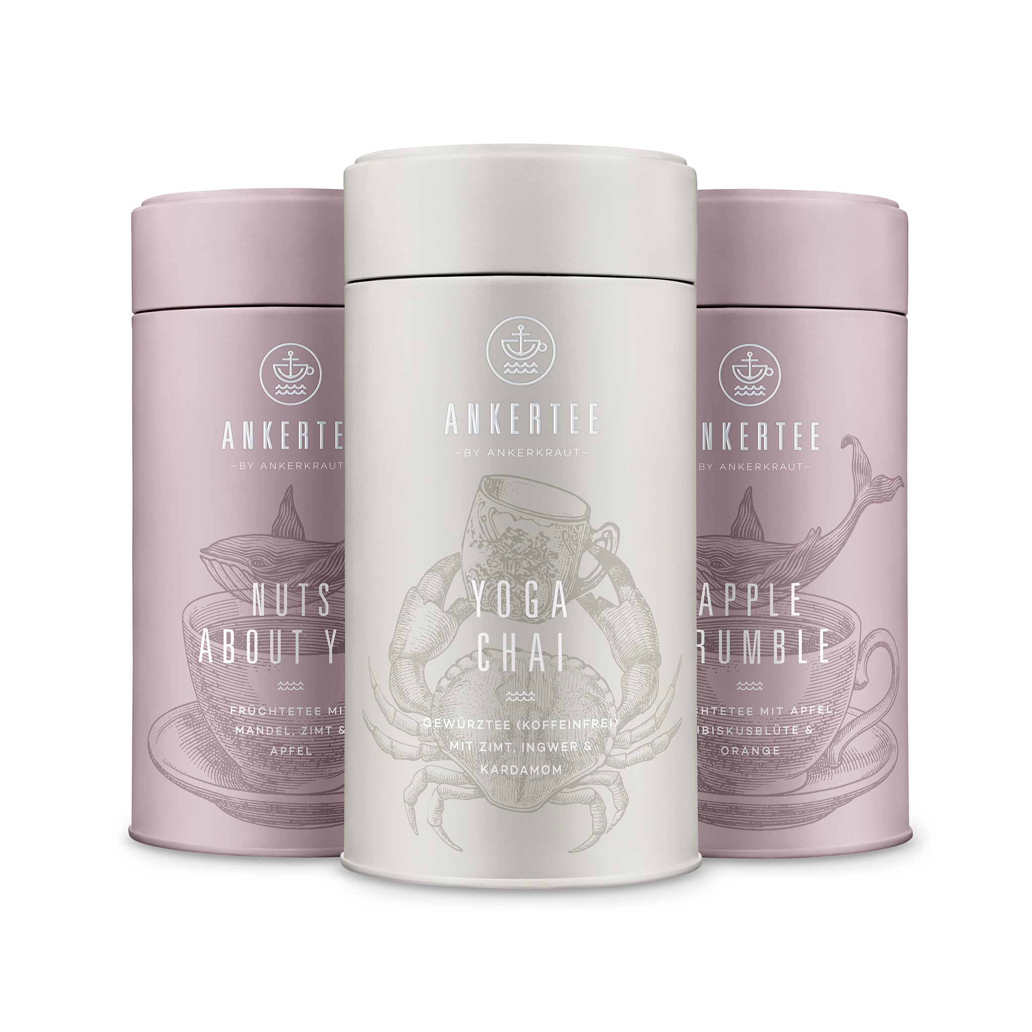 3 Ankertee-Dosen mit der Aufschrift NUTS ABOUT YOU, YOGA CHAI, APPLE CRUMBLE