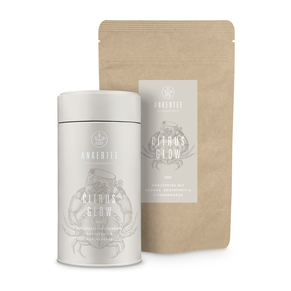 Ankertee-Dose und Nachfüllbeutel mit der Aufschrift CITRUS GLOW
