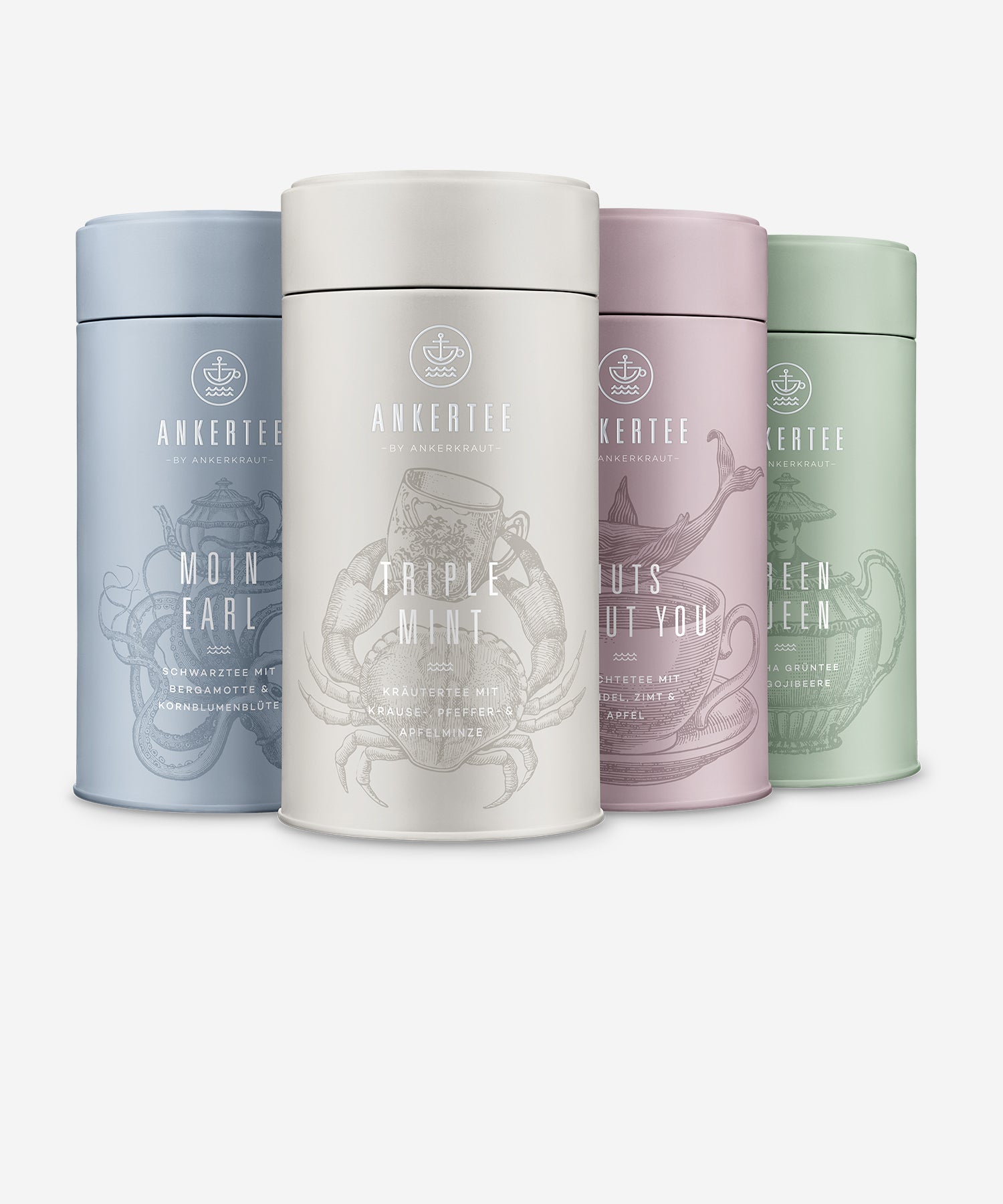 4 Ankertee-Dosen mit der Aufschrift MOIN EARL, TRIPLE MINT, NUTS ABOUT YOU, GREEN QUEEN