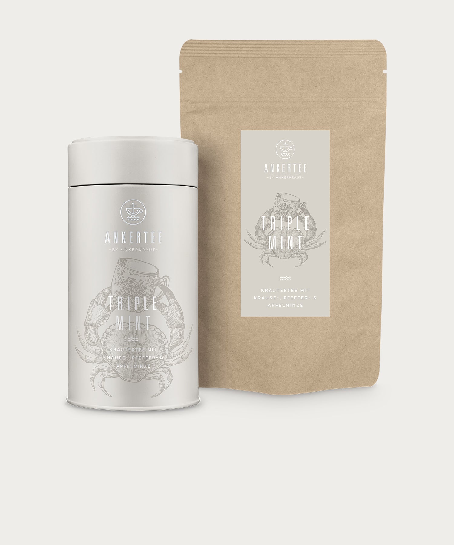 Ankertee-Dose und Nachfüllbeutel mit der Aufschrift TRIPLE MINT